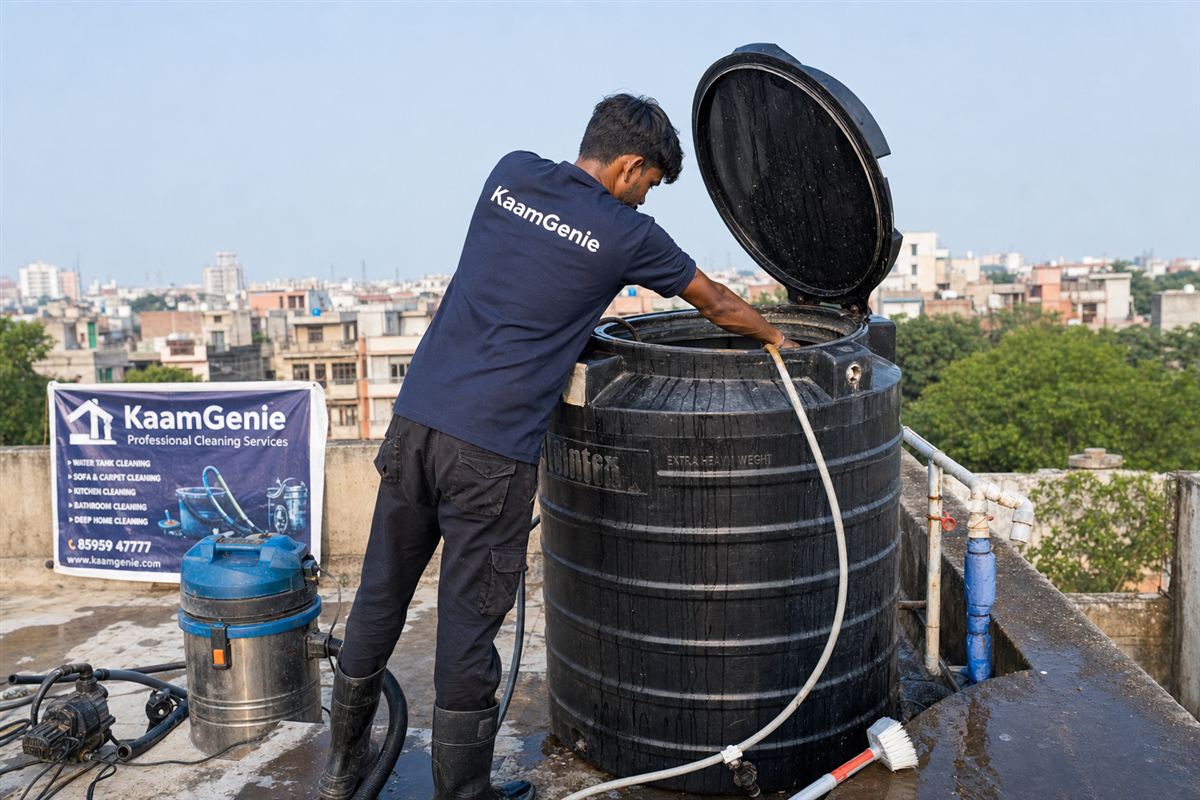 KaamGenie crew cleaning a Sintex / plastic tank in Jasola, Delhi