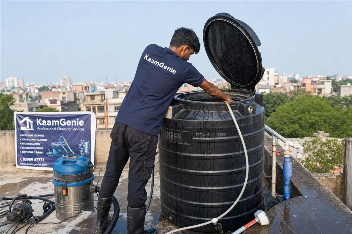 KaamGenie crew cleaning a Sintex / plastic tank in Jasola, Delhi