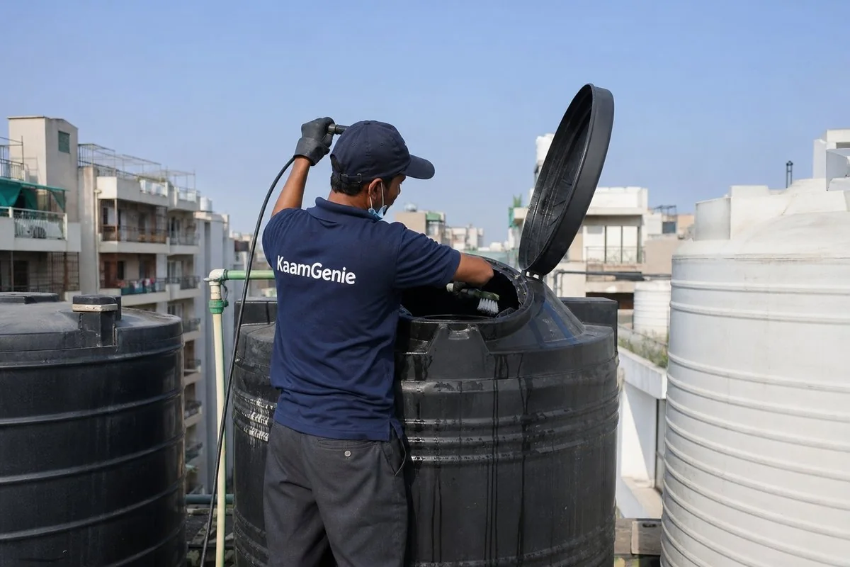KaamGenie crew cleaning a Sintex / plastic tank in Johri Farm, Delhi