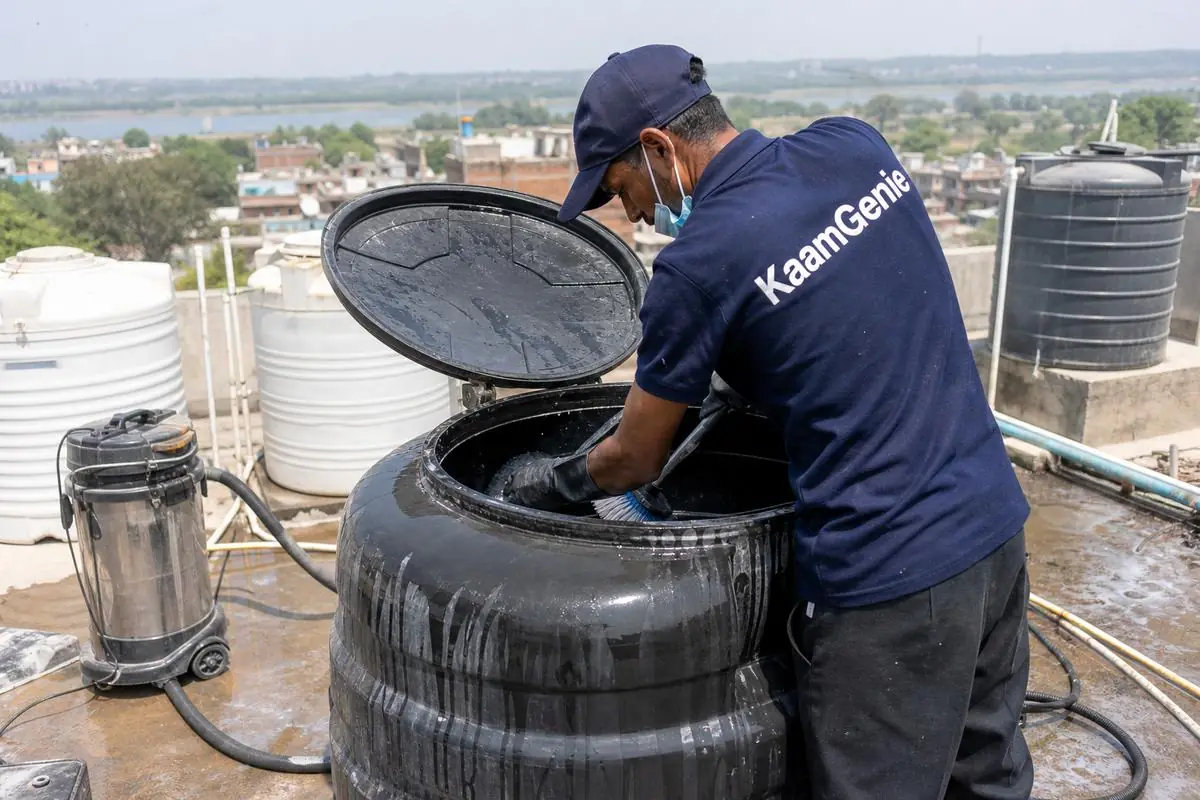 KaamGenie crew cleaning a Sintex / plastic tank in Johripur, Delhi