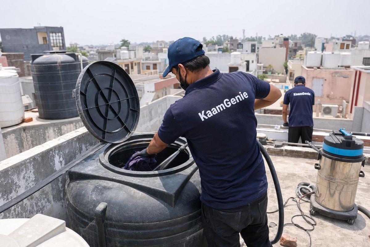 KaamGenie crew cleaning a Sintex / plastic tank in Jonapur, Delhi
