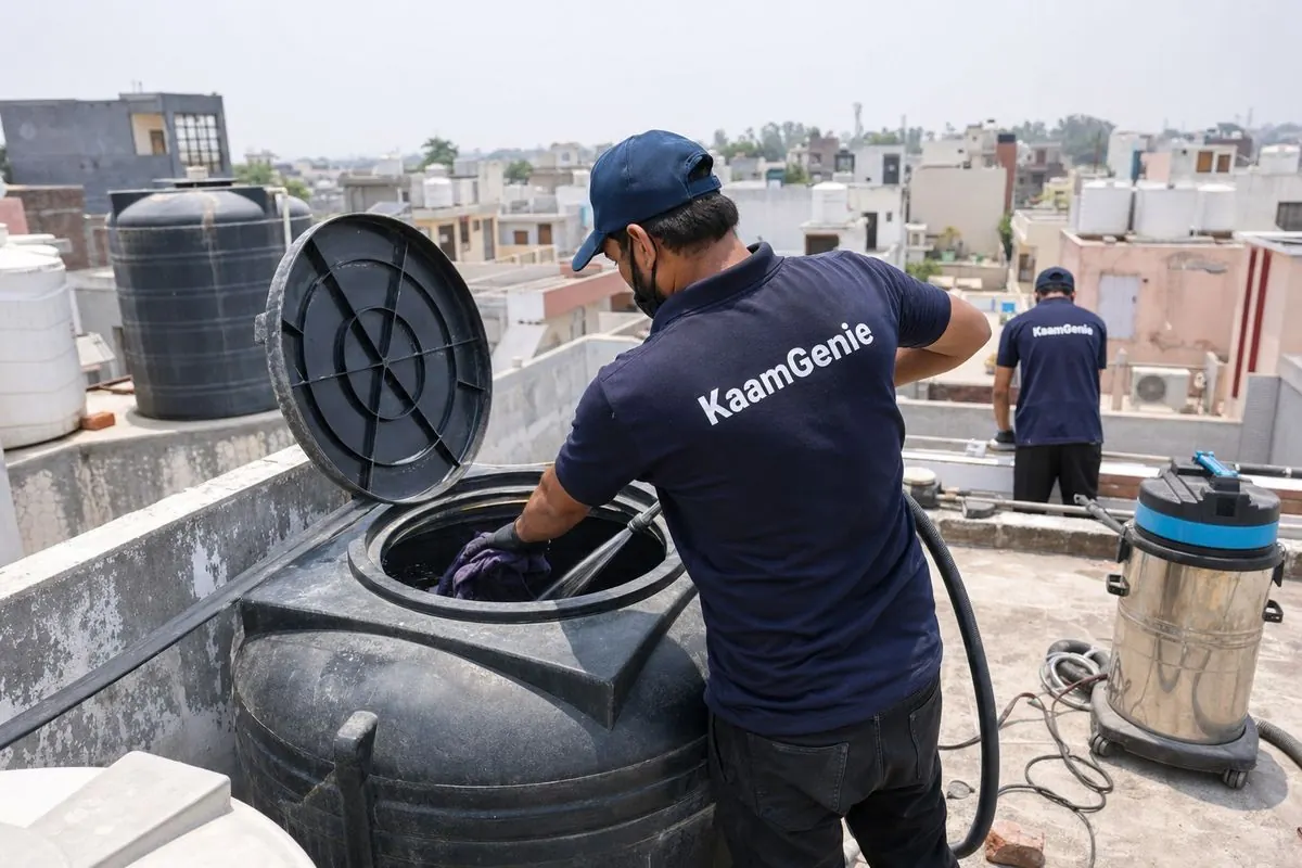 KaamGenie crew cleaning a Sintex / plastic tank in Jonapur, Delhi