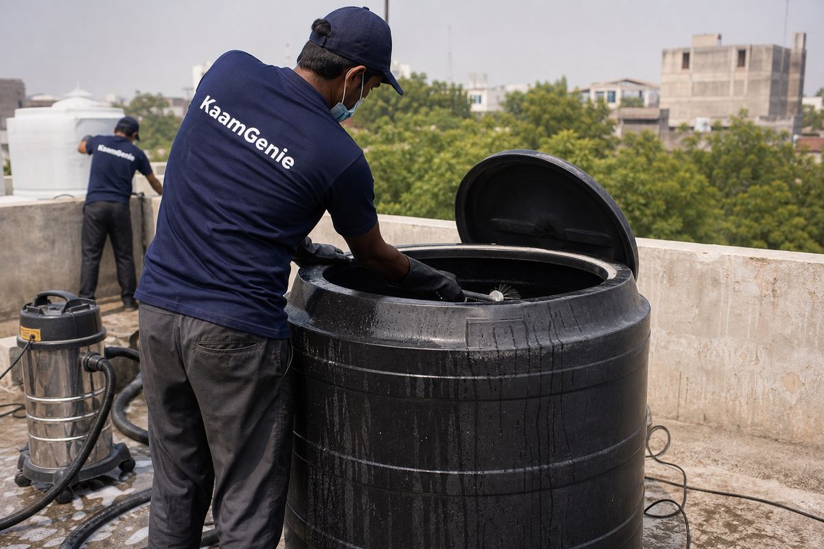 KaamGenie crew cleaning a Sintex / plastic tank in Jor Bagh, Delhi