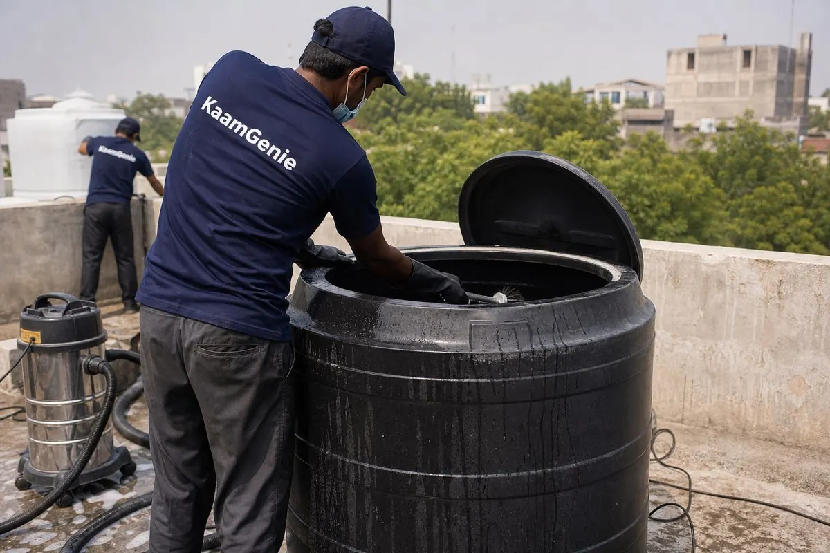 KaamGenie crew cleaning a Sintex / plastic tank in Jor Bagh, Delhi