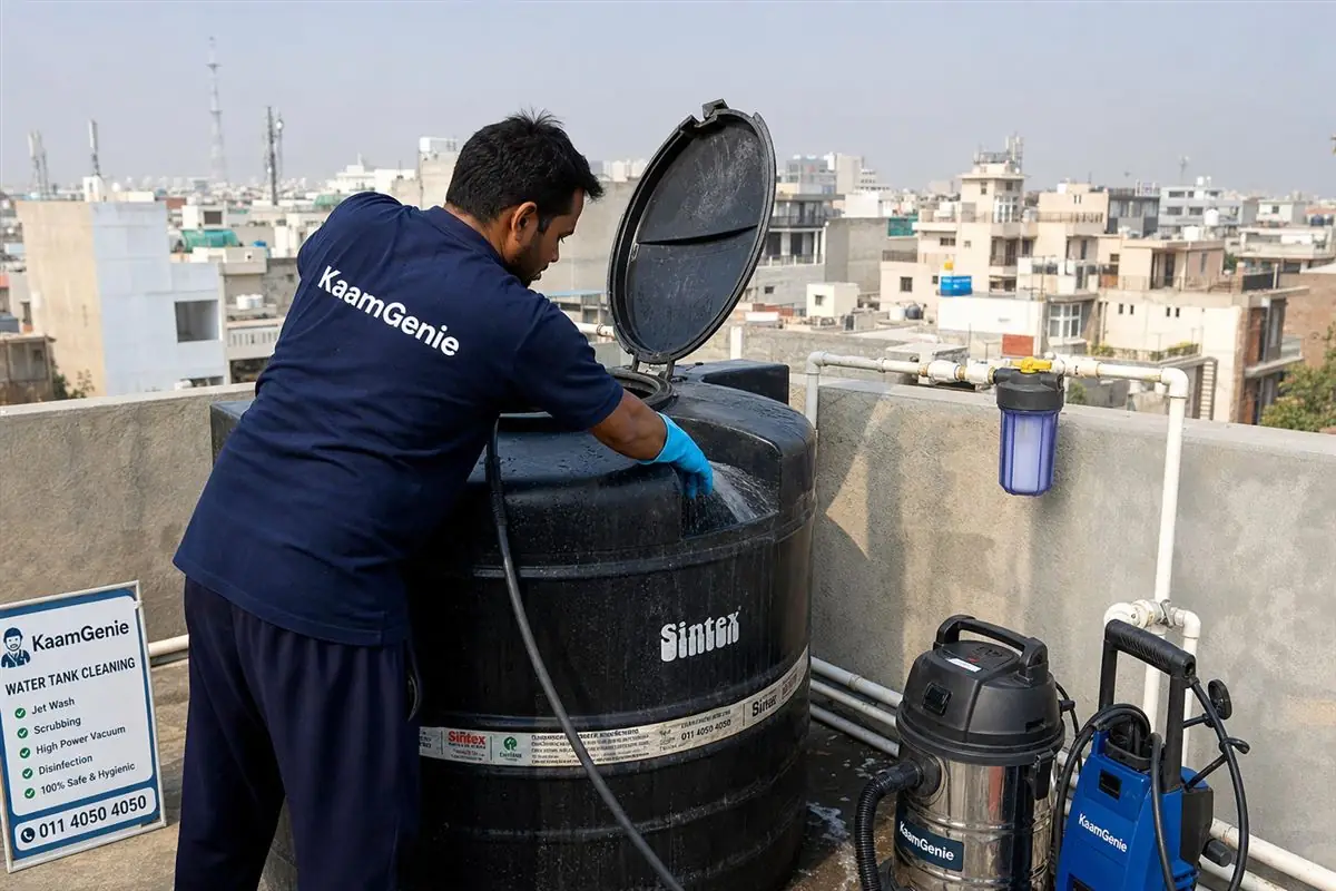 KaamGenie crew cleaning a Sintex / plastic tank in Jungpura, Delhi