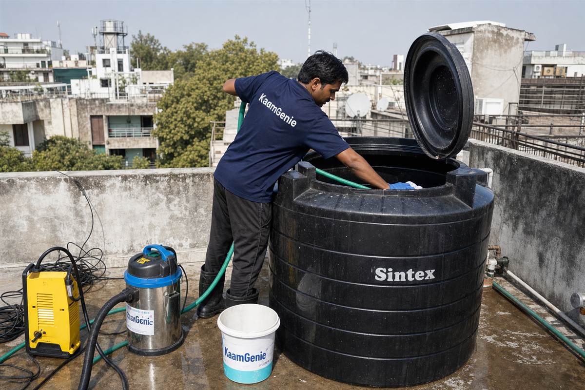 KaamGenie crew cleaning a Sintex / plastic tank in Kailash Colony, Delhi