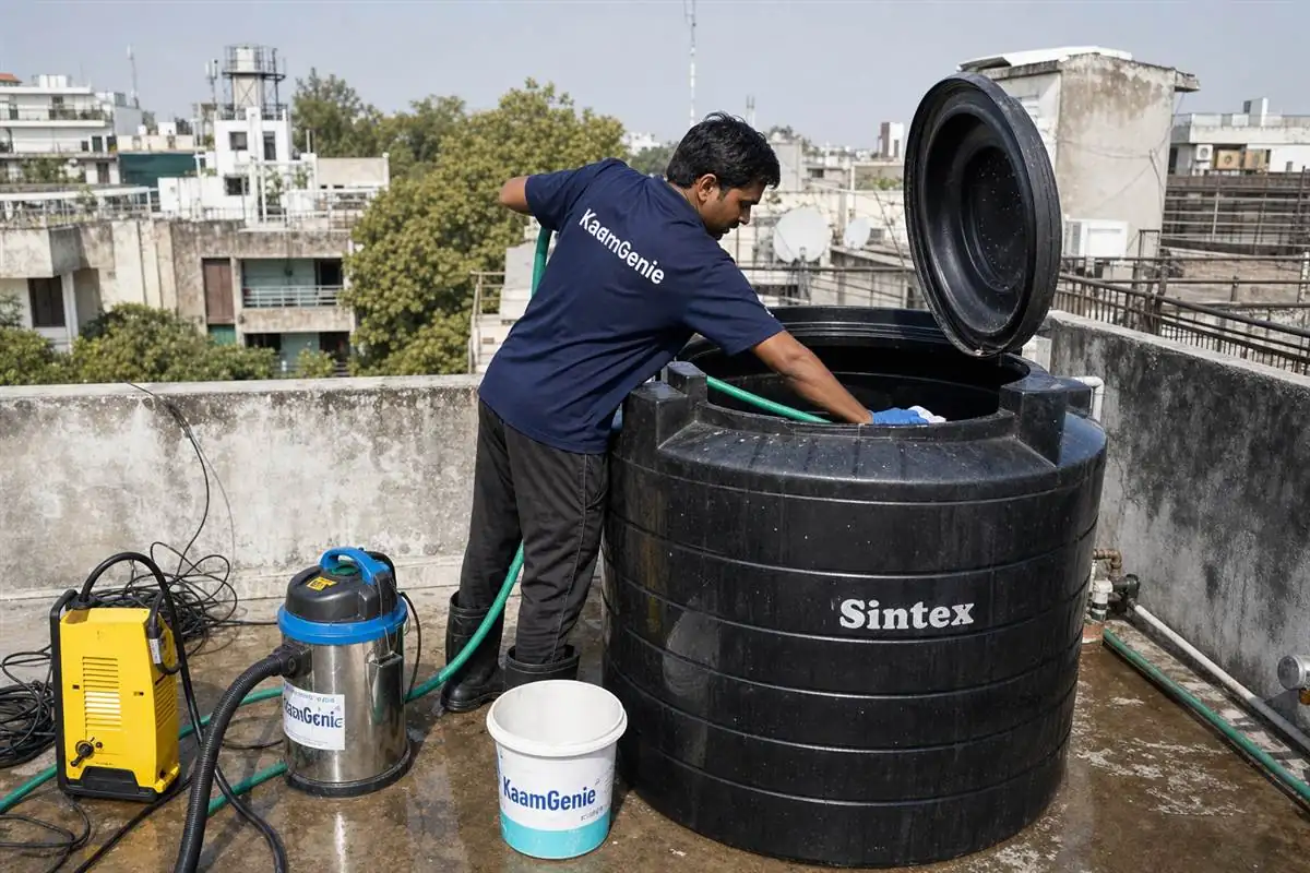 KaamGenie crew cleaning a Sintex / plastic tank in Kailash Colony, Delhi