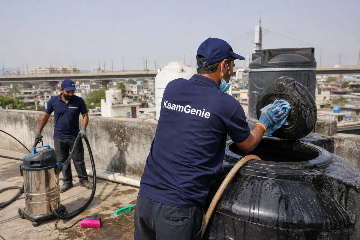 KaamGenie crew cleaning a Sintex / plastic tank in Kailash Nagar, Delhi