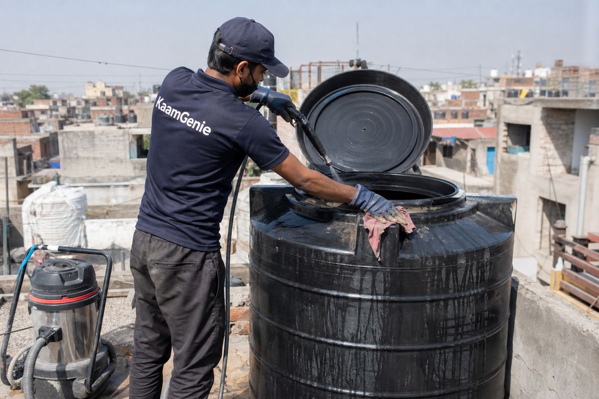 KaamGenie crew cleaning a Sintex / plastic tank in Kalyanpuri, Delhi