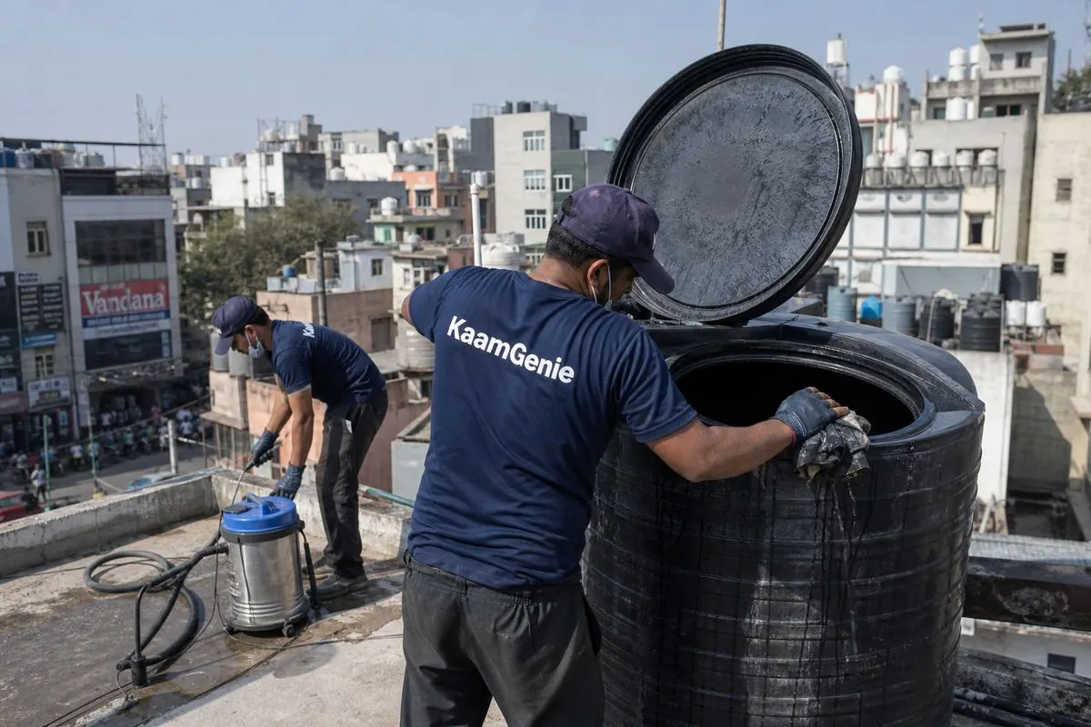 KaamGenie crew cleaning a Sintex / plastic tank in Kamla Nagar, Delhi
