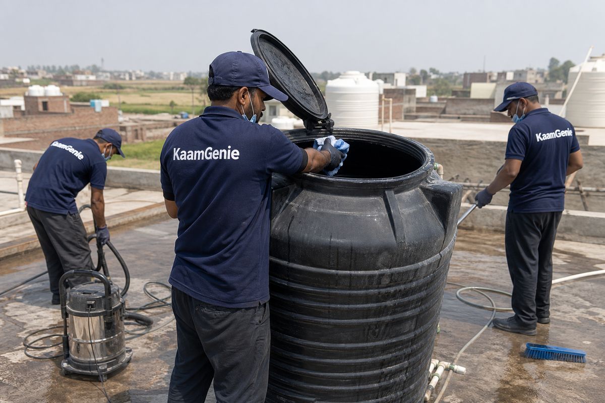 KaamGenie crew cleaning a Sintex / plastic tank in Kanjhawla, Delhi