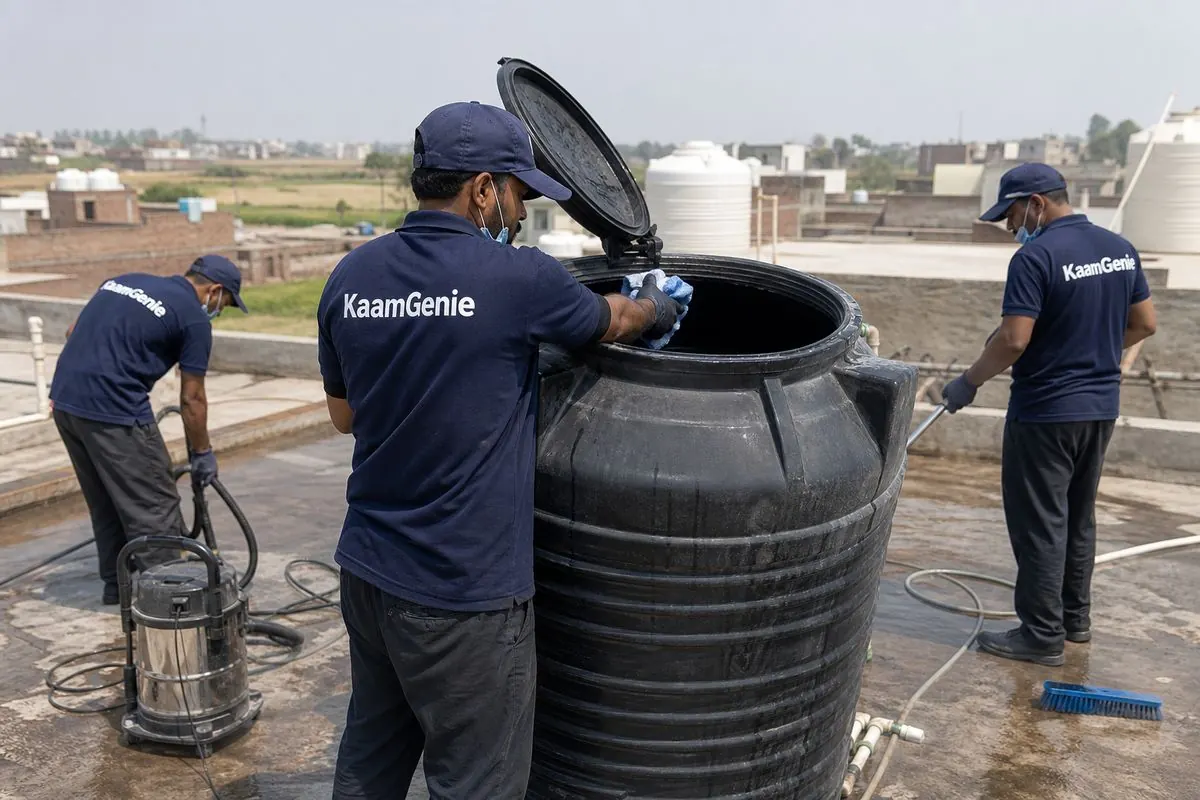 KaamGenie crew cleaning a Sintex / plastic tank in Kanjhawla, Delhi
