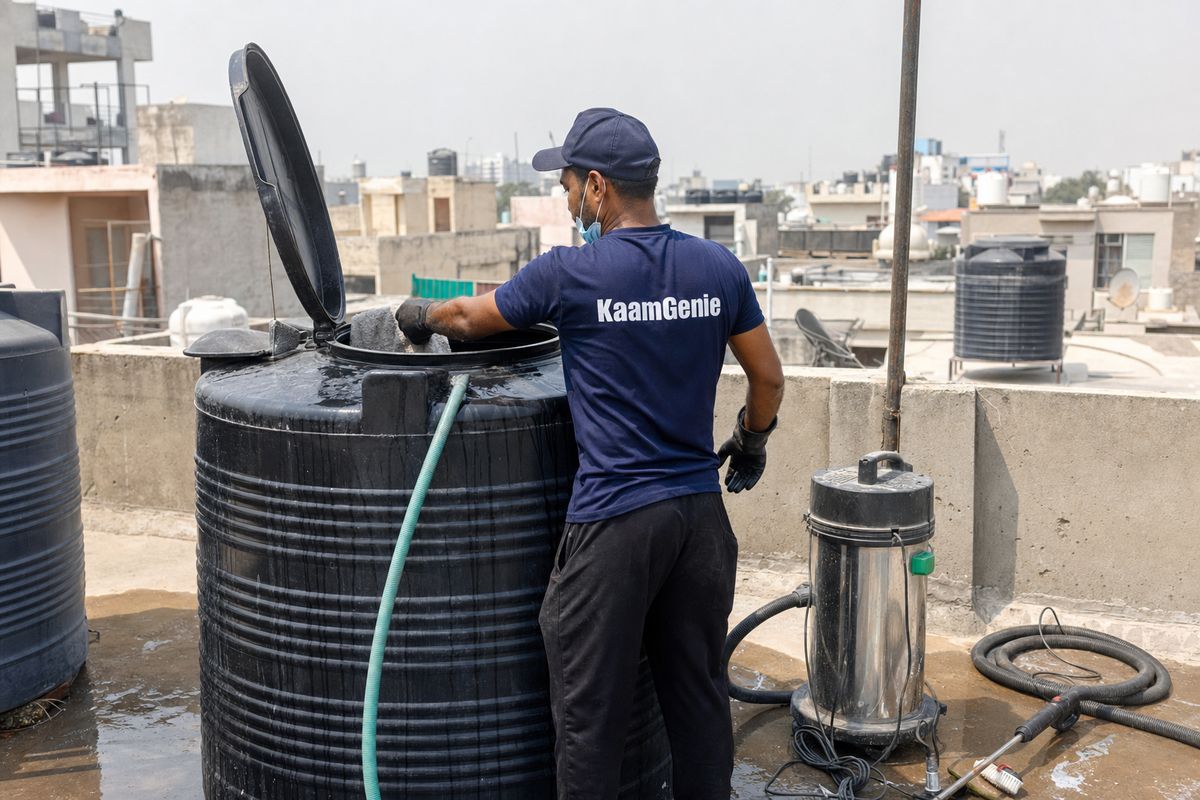 KaamGenie crew cleaning a Sintex / plastic tank in Kapashera, Delhi