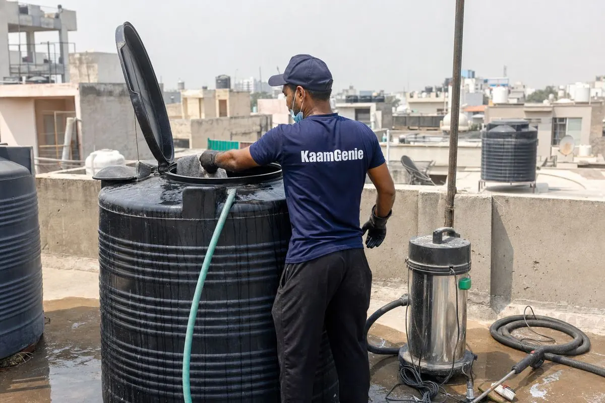 KaamGenie crew cleaning a Sintex / plastic tank in Kapashera, Delhi