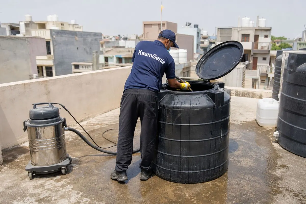KaamGenie crew cleaning a Sintex / plastic tank in Karam Pura, Delhi