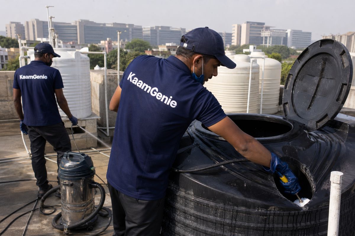 KaamGenie crew cleaning a Sintex / plastic tank in Karkardooma, Delhi