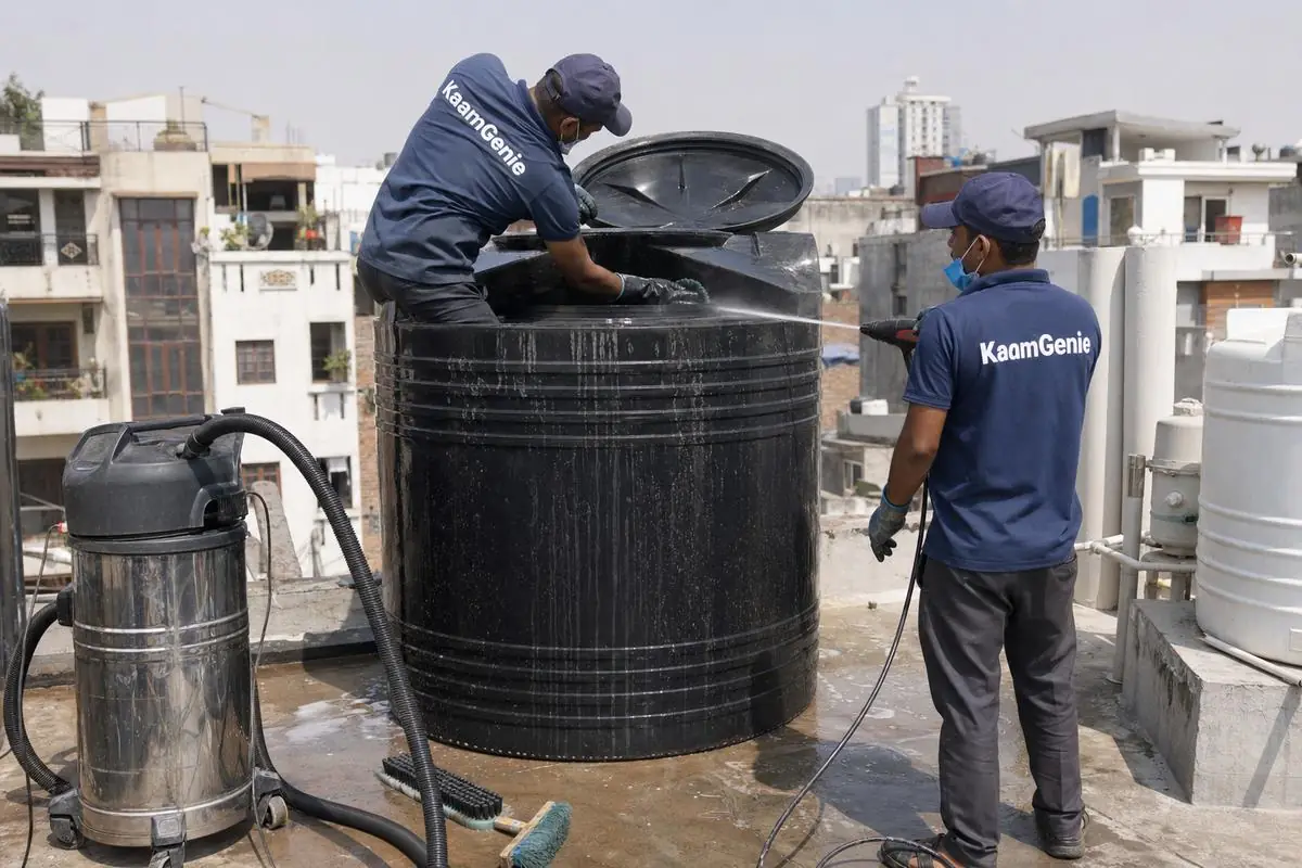 KaamGenie crew cleaning a Sintex / plastic tank in Kasturba Nagar, Delhi