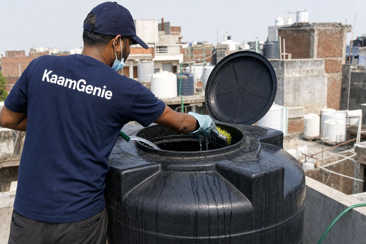 KaamGenie crew cleaning a Sintex / plastic tank in Katwaria Sarai, Delhi
