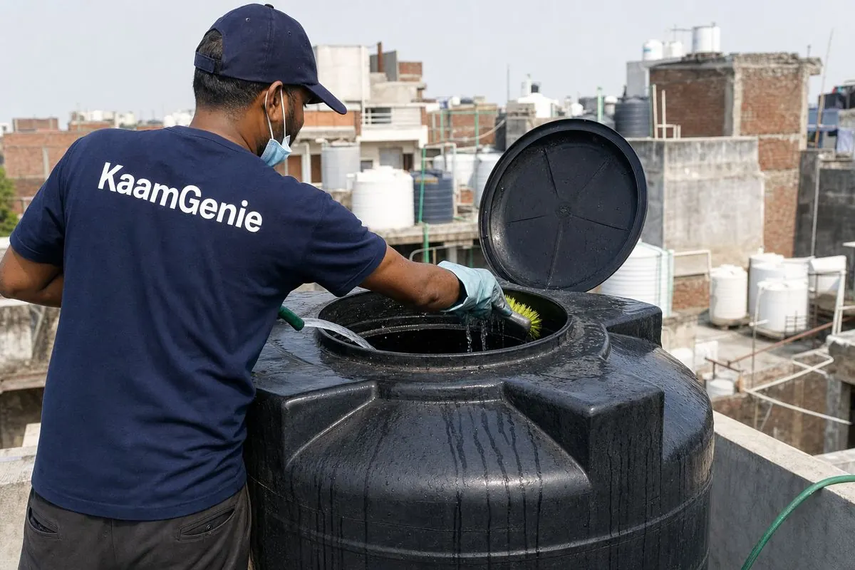 KaamGenie crew cleaning a Sintex / plastic tank in Katwaria Sarai, Delhi