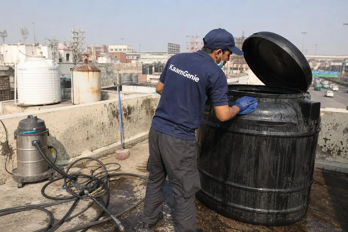 KaamGenie crew cleaning a Sintex / plastic tank in Khajoori Khas, Delhi