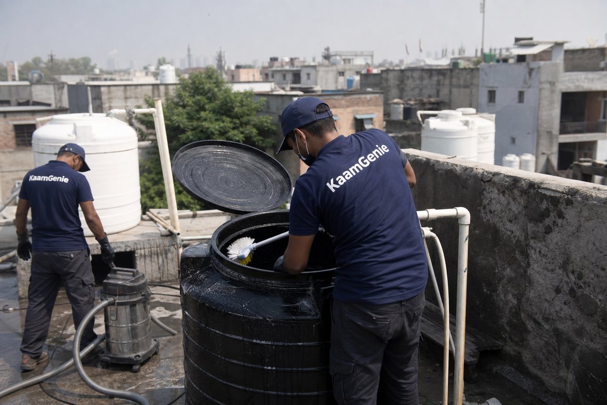 KaamGenie crew cleaning a Sintex / plastic tank in Khichripur, Delhi