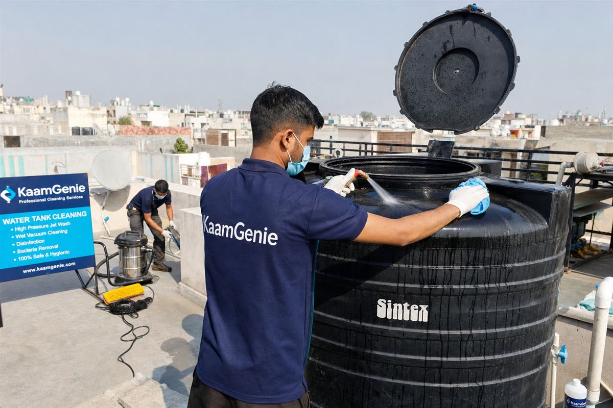 KaamGenie crew cleaning a Sintex / plastic tank in Khirki Extension, Delhi