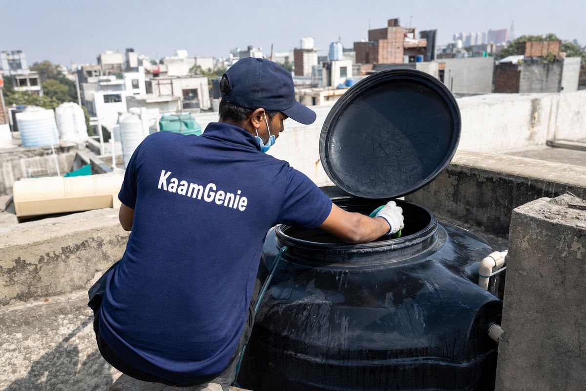 KaamGenie crew cleaning a Sintex / plastic tank in Khirki Village, Delhi