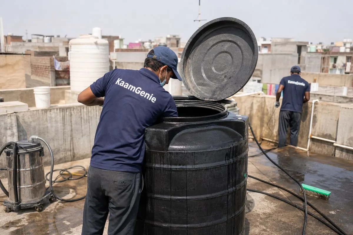 KaamGenie crew cleaning a Sintex / plastic tank in Khyala, Delhi