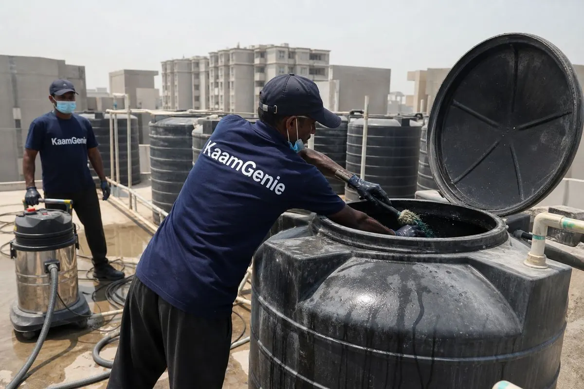 KaamGenie crew cleaning a Sintex / plastic tank in Kidwai Nagar, Delhi