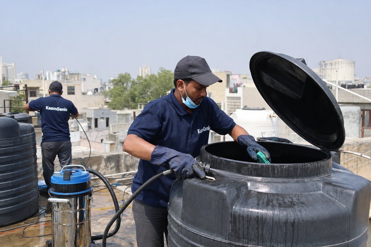 KaamGenie crew cleaning a Sintex / plastic tank in Kishangarh, Delhi