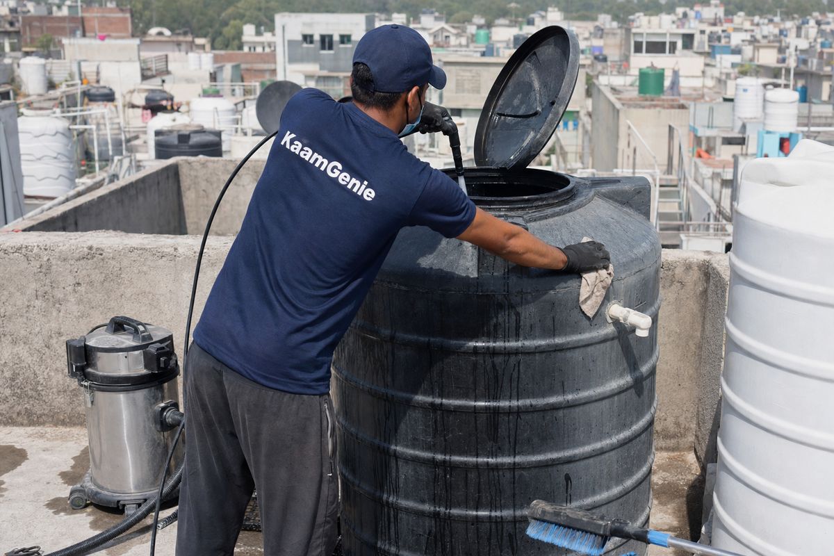 KaamGenie crew cleaning a Sintex / plastic tank in Kotla Mubarakpur, Delhi