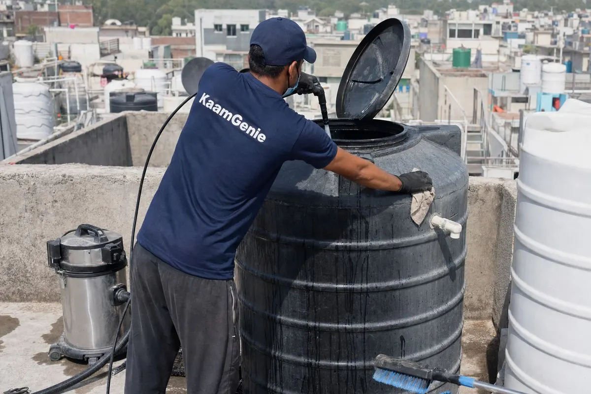 KaamGenie crew cleaning a Sintex / plastic tank in Kotla Mubarakpur, Delhi