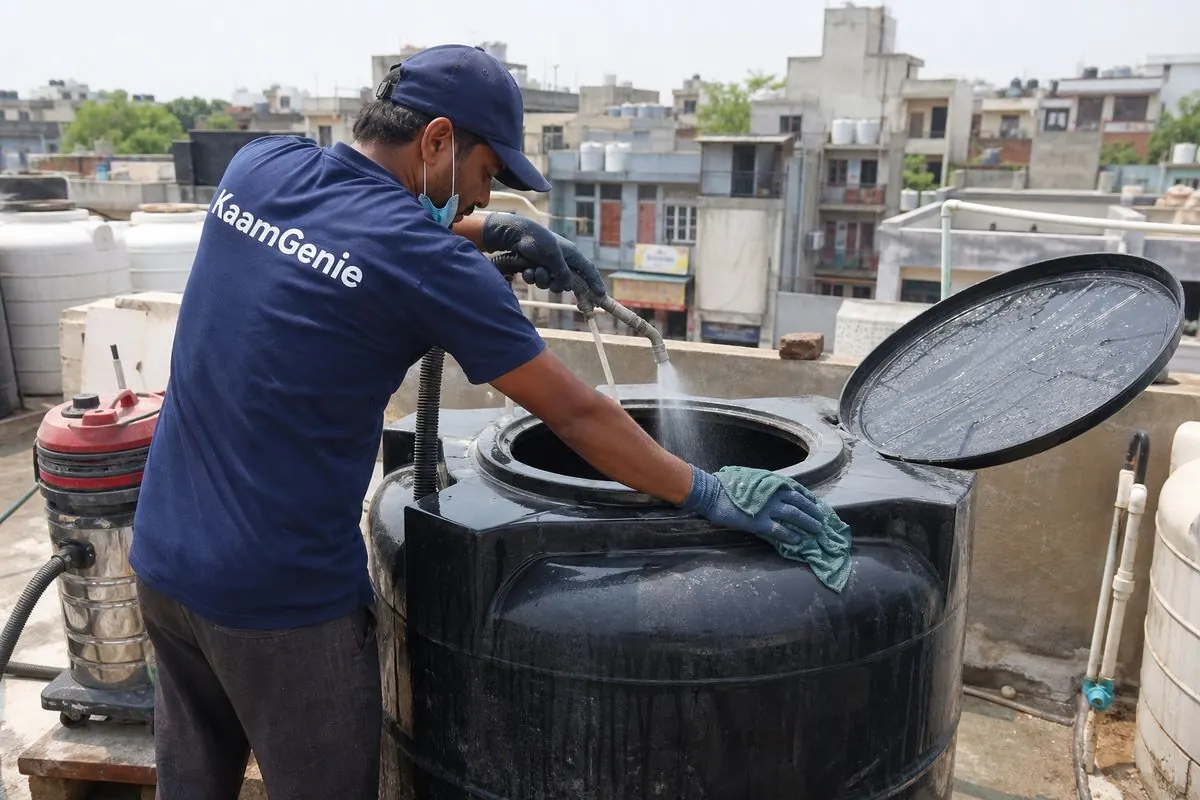 KaamGenie crew cleaning a Sintex / plastic tank in Krishna Nagar, Delhi