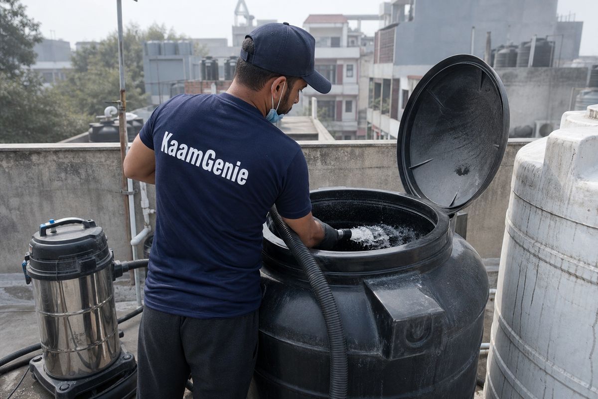 KaamGenie crew cleaning a Sintex / plastic tank in Lajpat Nagar 4, Delhi