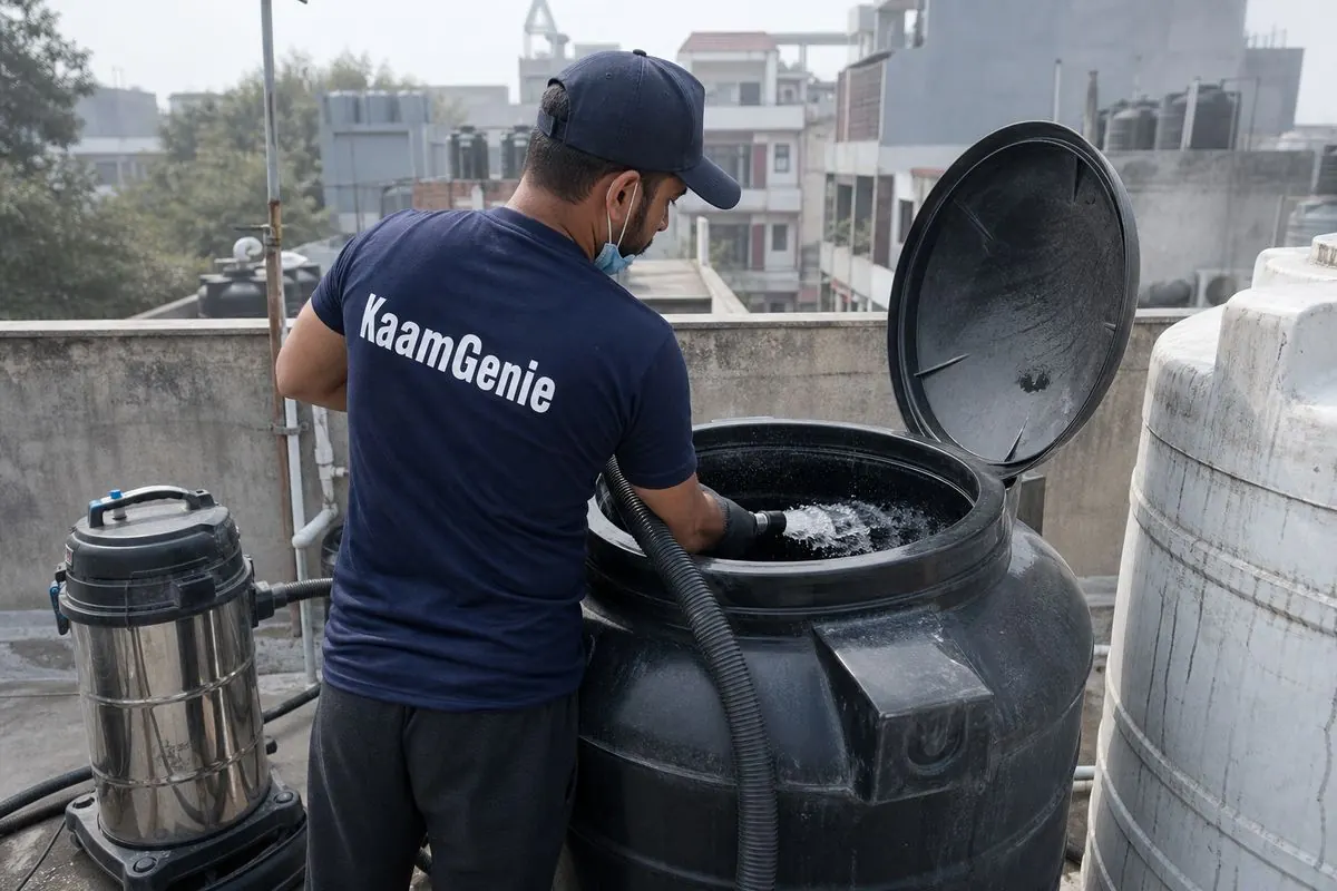 KaamGenie crew cleaning a Sintex / plastic tank in Lajpat Nagar 4, Delhi