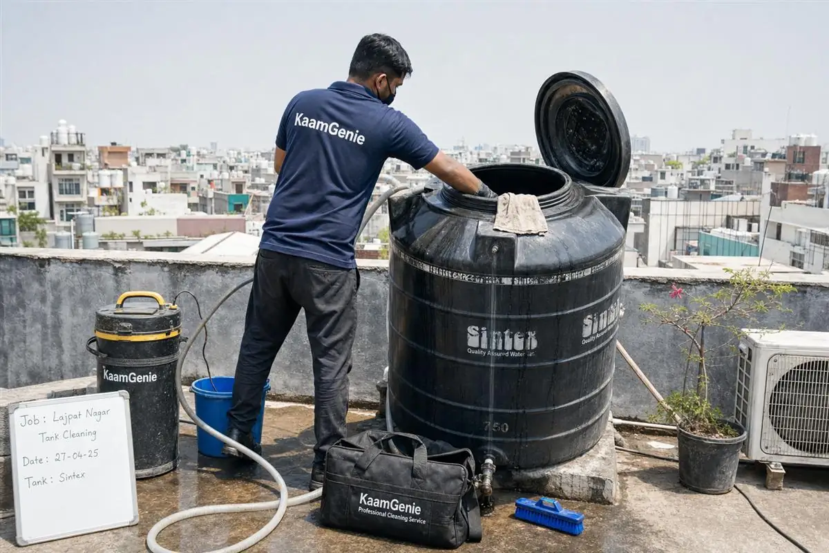 KaamGenie crew cleaning a Sintex / plastic tank in Lajpat Nagar, Delhi