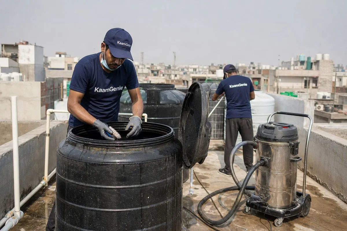 KaamGenie crew cleaning a Sintex / plastic tank in Laxmi Nagar Extension, Delhi