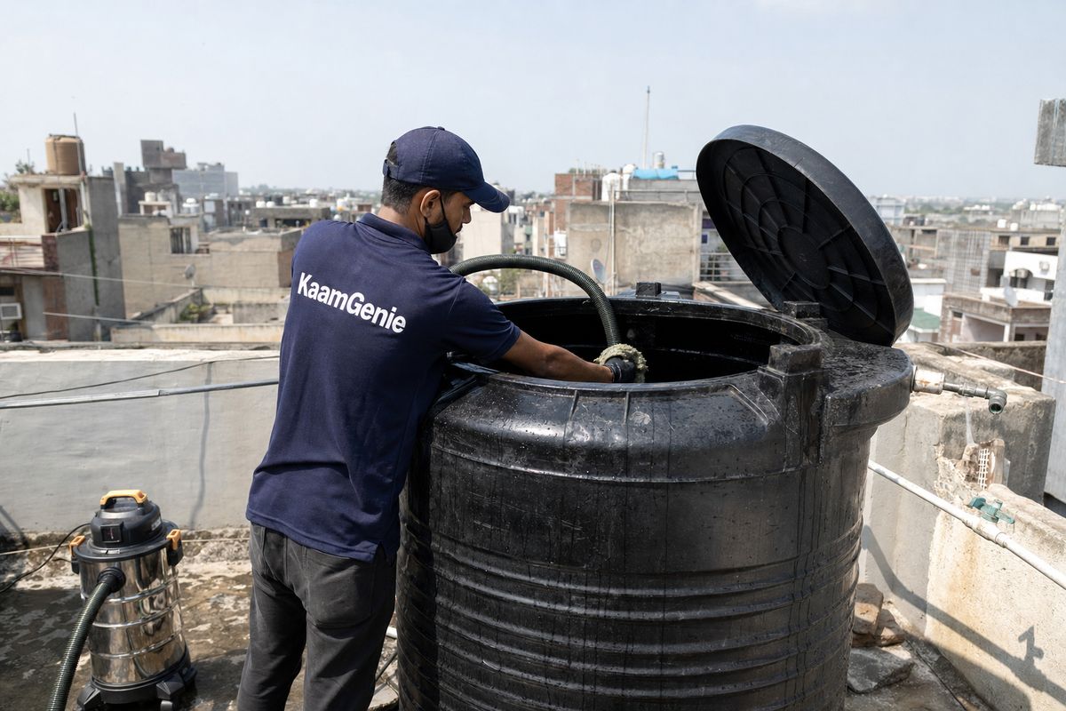 KaamGenie crew cleaning a Sintex / plastic tank in Madanpur Khadar, Delhi