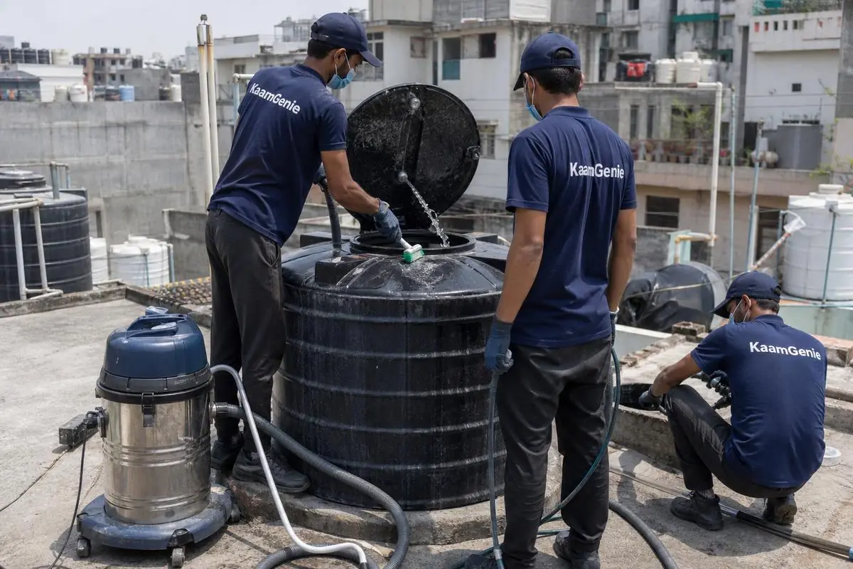 KaamGenie crew cleaning a Sintex / plastic tank in Mahavir Enclave, Delhi
