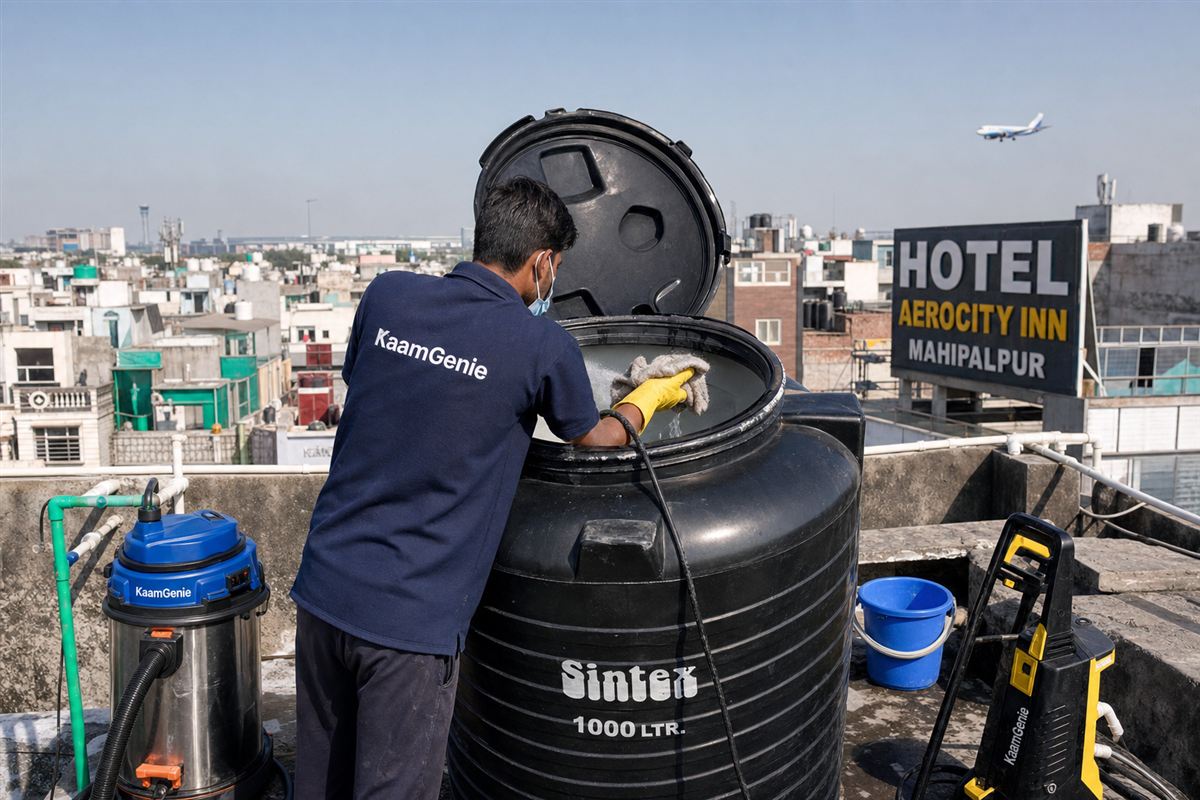 KaamGenie crew cleaning a Sintex / plastic tank in Mahipalpur, Delhi