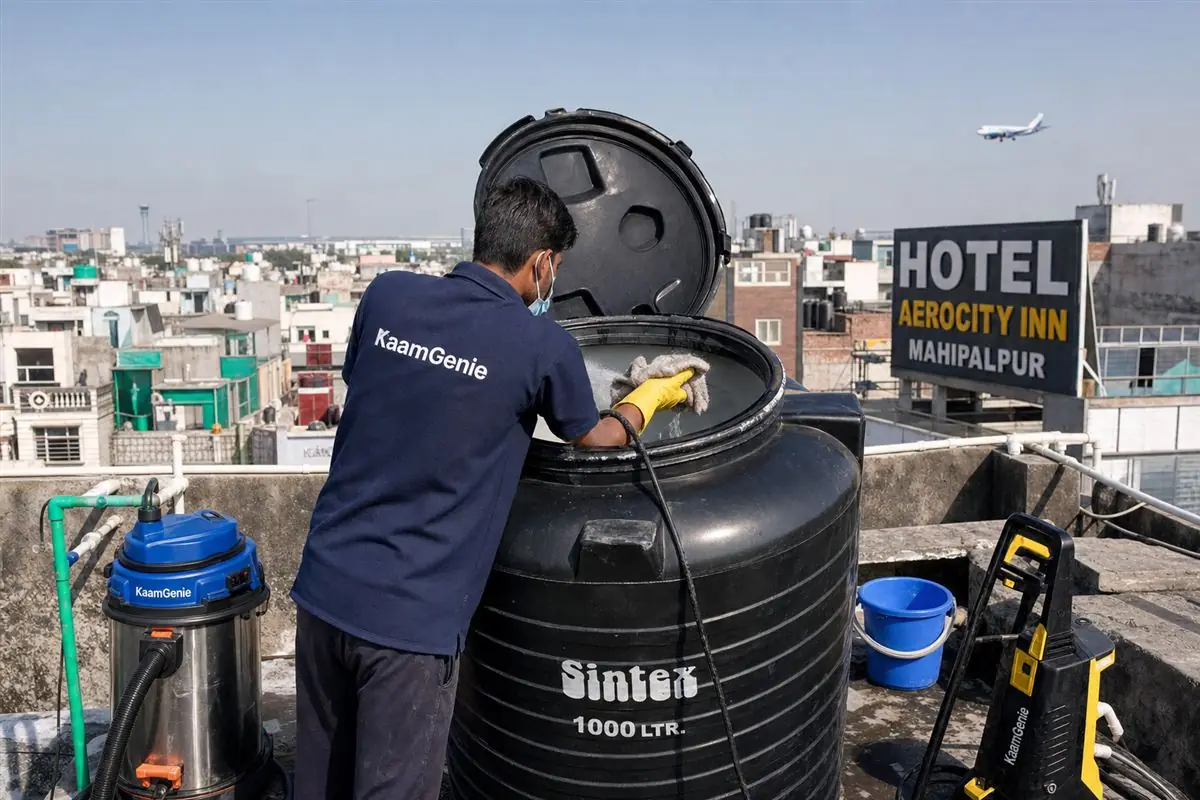 KaamGenie crew cleaning a Sintex / plastic tank in Mahipalpur, Delhi