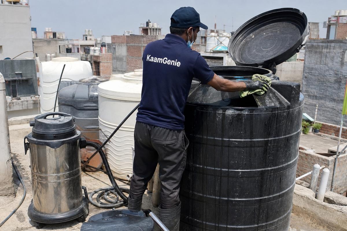 KaamGenie crew cleaning a Sintex / plastic tank in Mandawali Fazalpur, Delhi