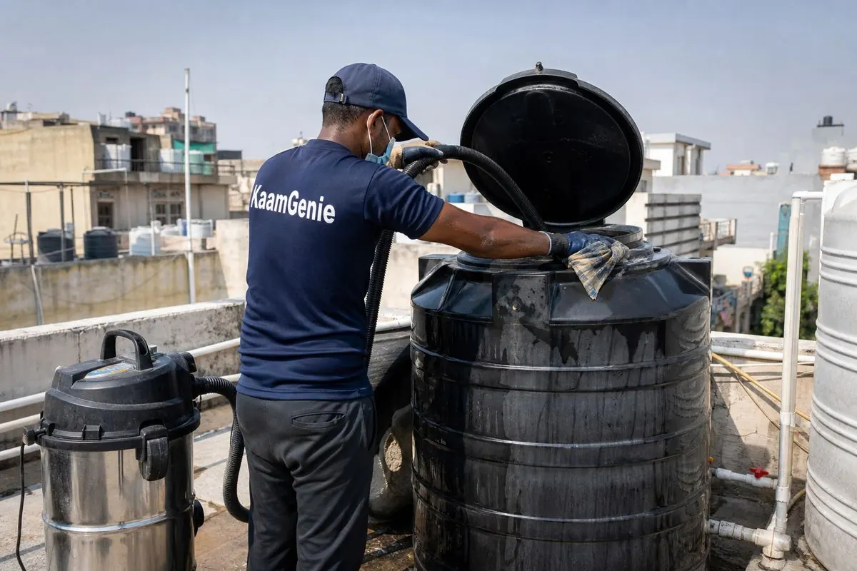 KaamGenie crew cleaning a Sintex / plastic tank in Mansarovar Garden, Delhi