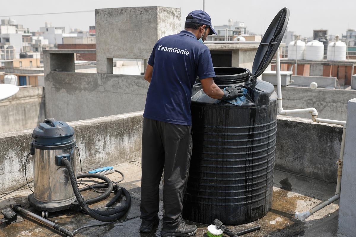 KaamGenie crew cleaning a Sintex / plastic tank in Masjid Moth, Delhi