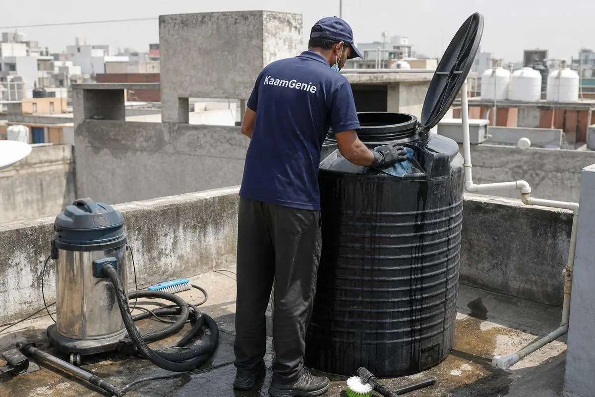 KaamGenie crew cleaning a Sintex / plastic tank in Masjid Moth, Delhi
