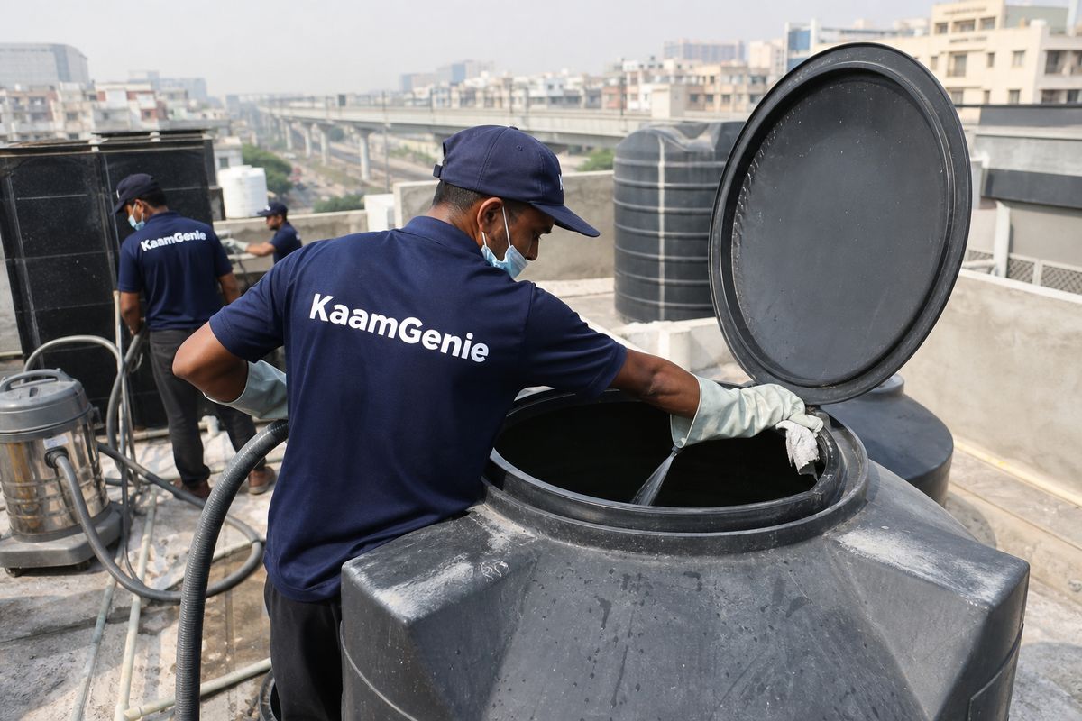 KaamGenie crew cleaning a Sintex / plastic tank in Maurya Enclave, Delhi