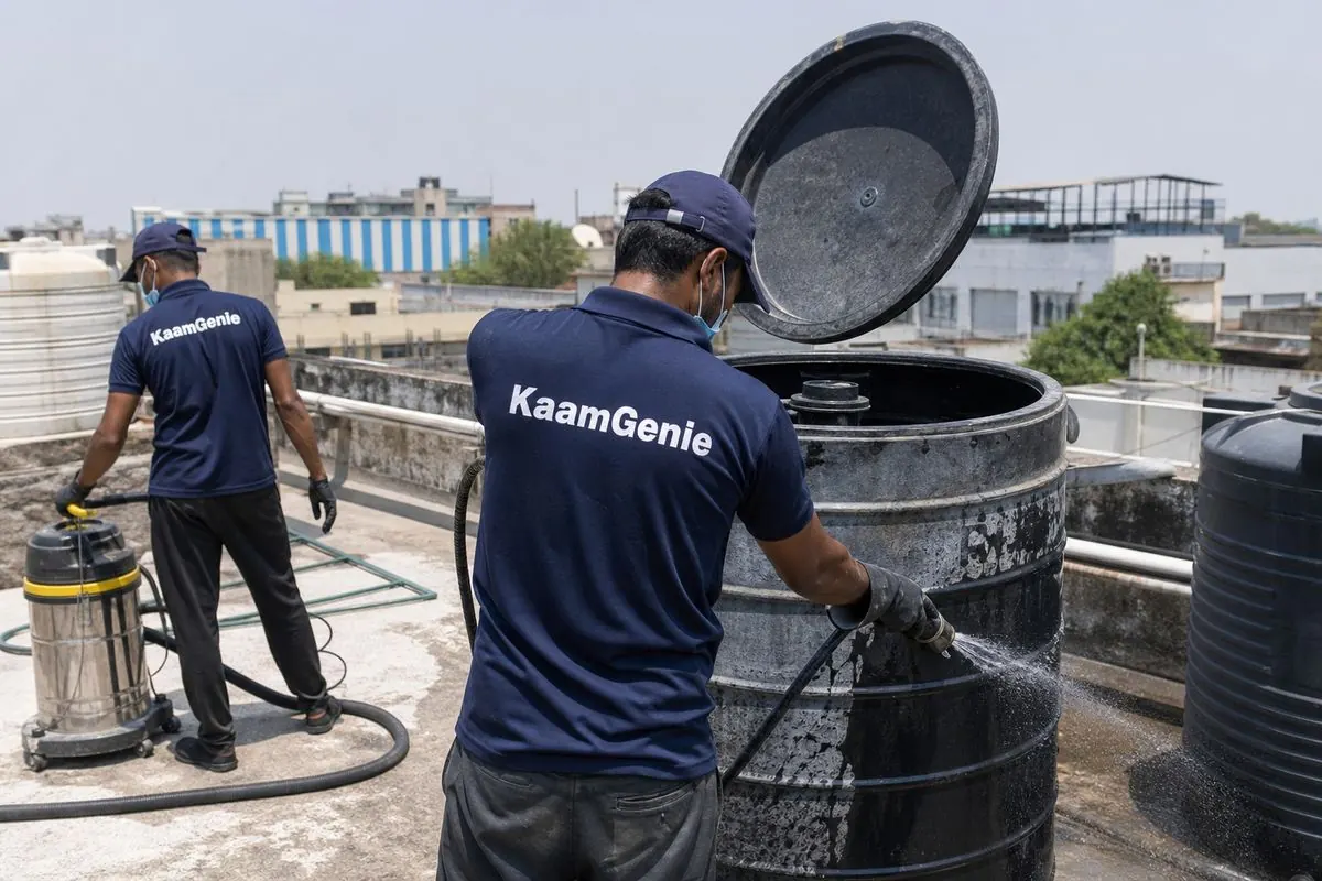 KaamGenie crew cleaning a Sintex / plastic tank in Mayapuri, Delhi