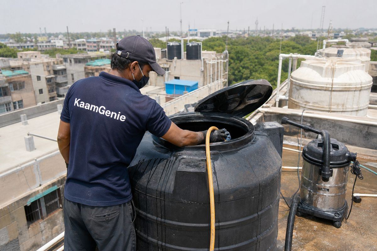 KaamGenie crew cleaning a Sintex / plastic tank in Mayur Vihar Phase 1, Delhi