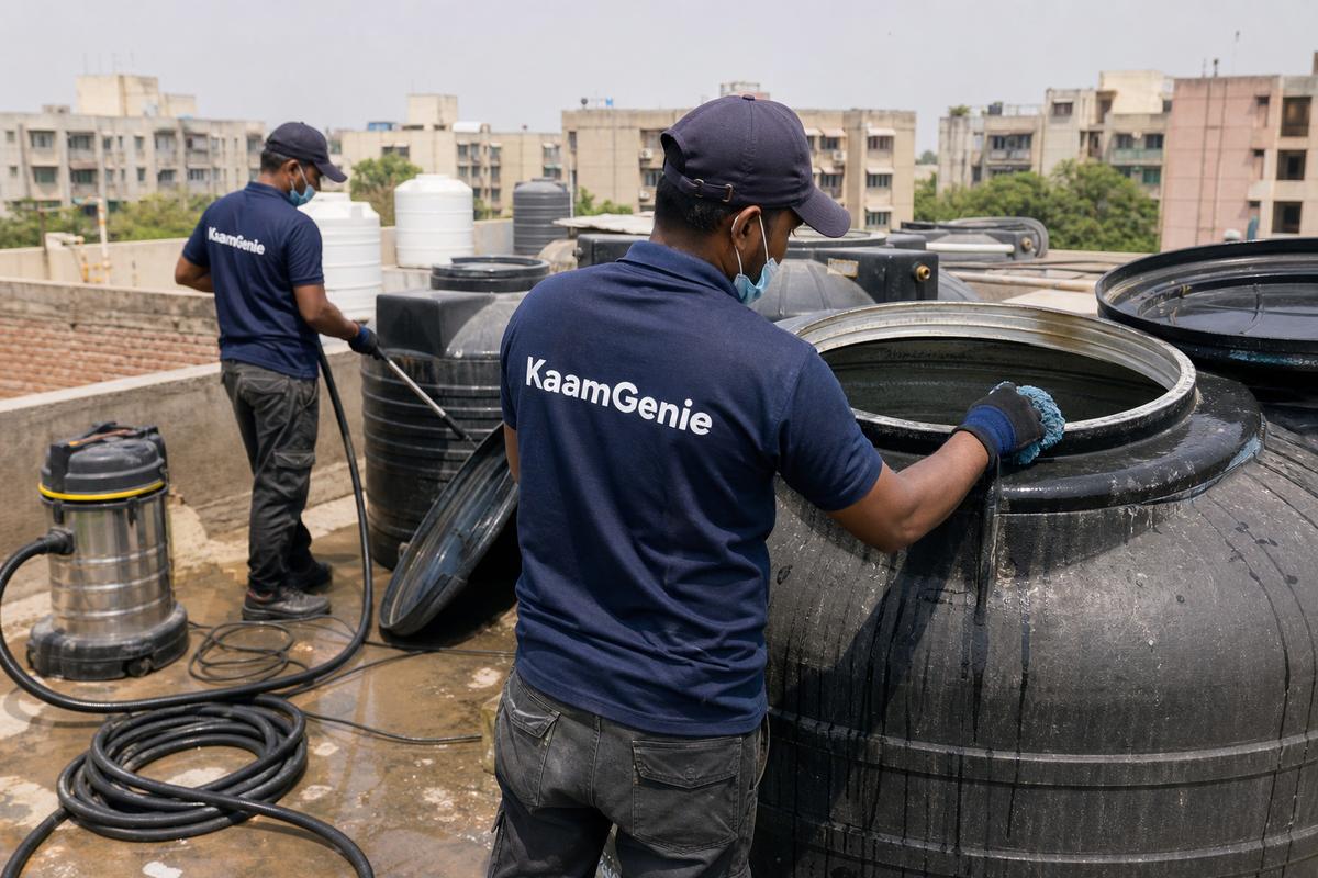 KaamGenie crew cleaning a Sintex / plastic tank in Mayur Vihar Phase 2, Delhi