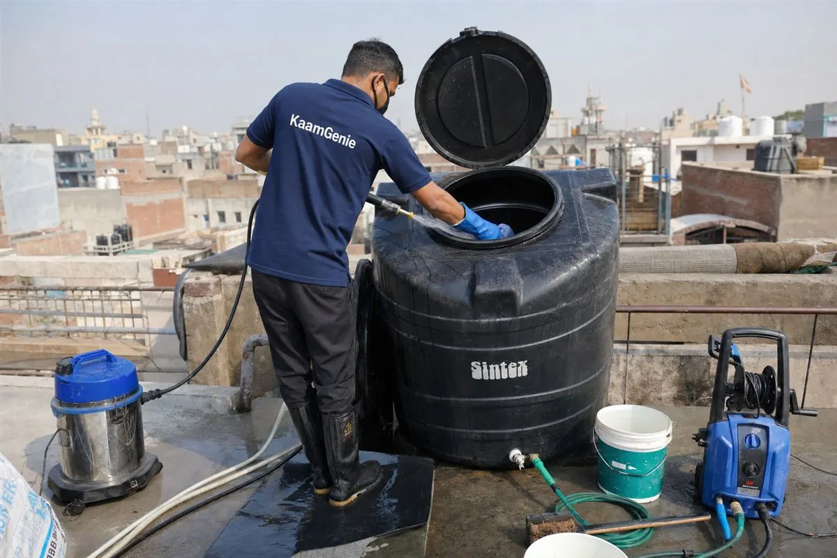 KaamGenie crew cleaning a Sintex / plastic tank in Mehrauli, Delhi
